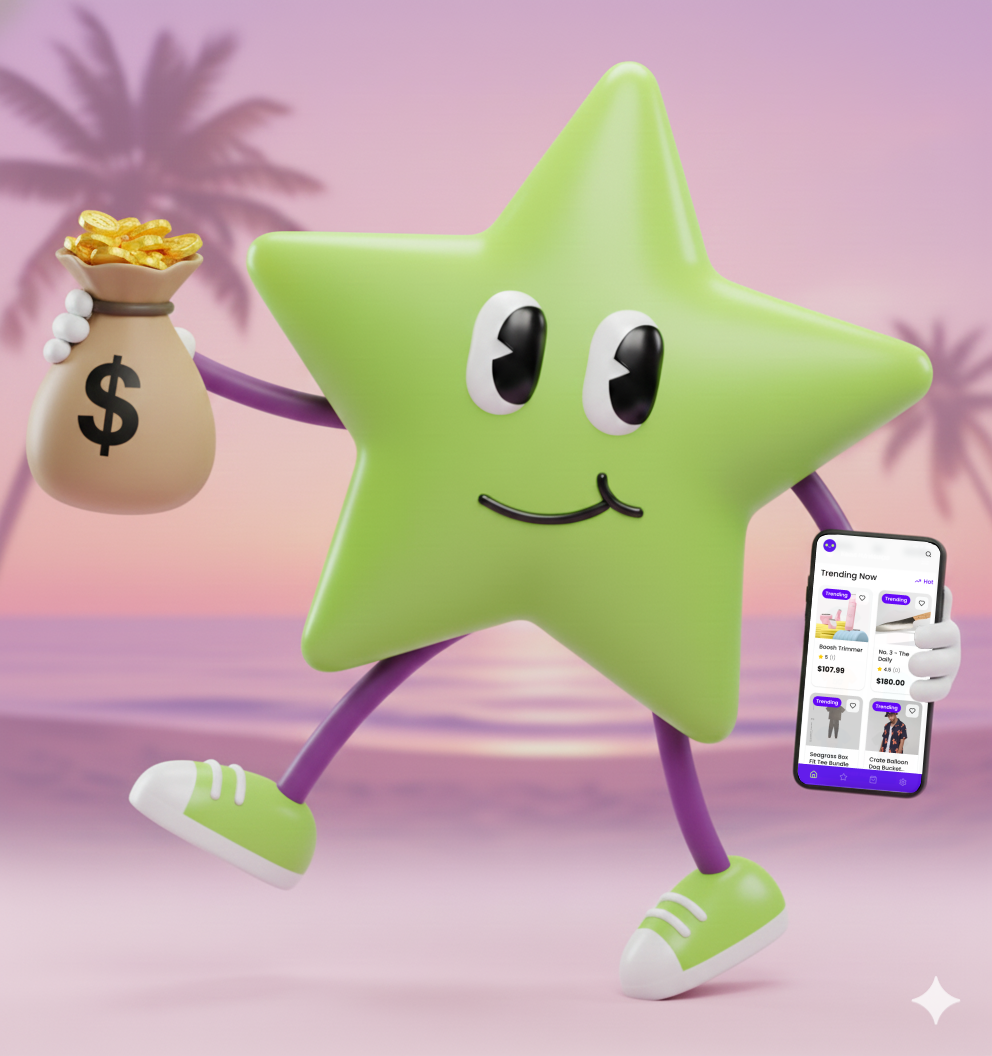 CartReel mascot holding money bag with smartphone showing trending products